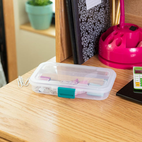 Sterilite Small Divided Pencil Box, Stackable Plastic Storage Container with Latching Lid, Clear Case, 12 Pack