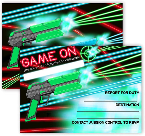 Laser Tag Brights Invitations, 12 Invitations + 12 Envelopes, Double Sided Party Supplies