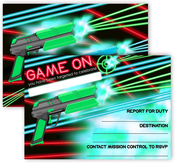 Laser Tag Brights Invitations, 12 Invitations + 12 Envelopes, Double Sided Party Supplies