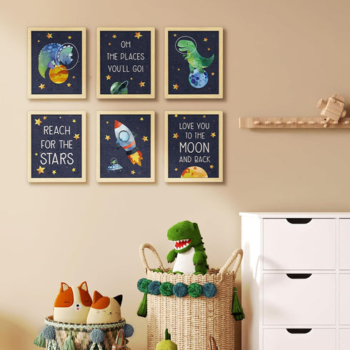 6 Pack 8x10 Inch ArtbyHannah Framed Dinosaur Wall Art, Nursery Wall Decor for Kids Boys Room, Dinosaur and Space