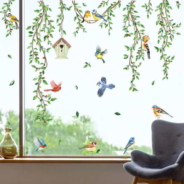 decalmile Spring Summer Hanging Green Vine: Double Sided Window Clings with Birds and Tree Leaves