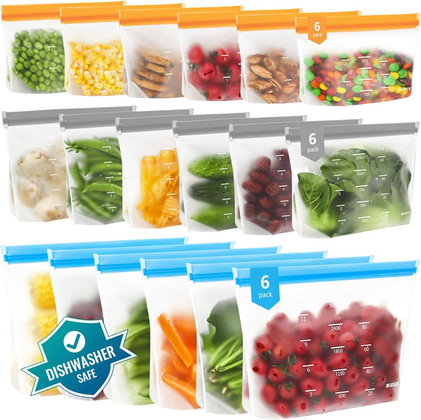 Dishwasher Safe Reusable Storage Bags, BPA Free PEVE Stand Up Silicone Food Storage Bags, Multicolor Set