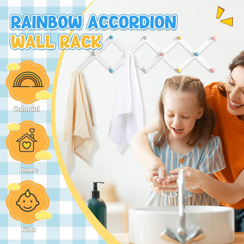 Suzile Expandable Kids Coat Rack, Cute Wooden Hanger for Toddler, Rainbow Accordion Wall Mount for Backpack