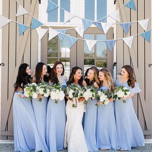 32Ft Cotton Bunting Banner, Blue White Plaid Dot Fabric Triangle Flags for Birthday Wedding Baby Shower Engagement Tea