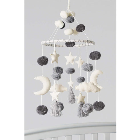 Celestial Crib Mobile with Pom Pom Stars and Clouds - White and Grey