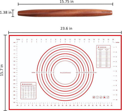 Muso Wood French Rolling Pin and Silicone Baking Mat Set - 15.75 Inch Sapele Wooden Rolling Pin