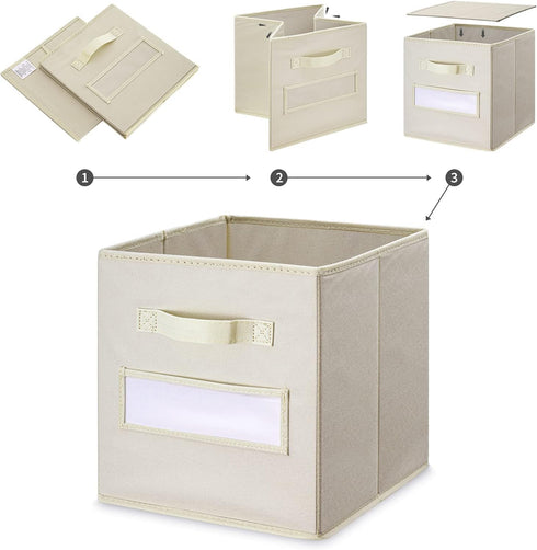 artsdi Foldable Fabric Cube Storage Bins Set of 10 with 10 Labels Window Cards & a Pen, Beige Baskets Containers for