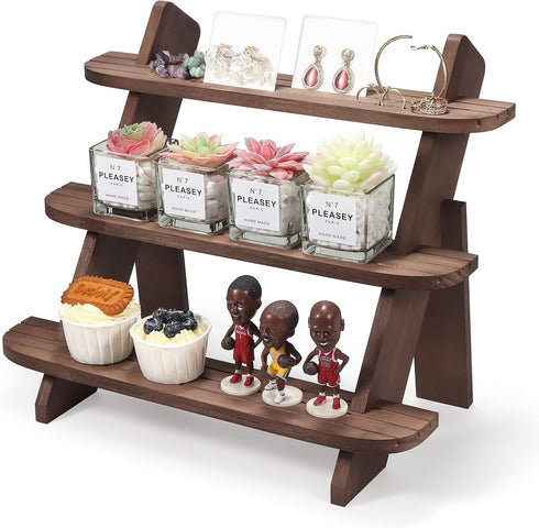 Wooden Display Riser, 3 Tier Organizer Showcase for Tabletop Shows, Farmhouse Cupcake Stands, Walnut Rustic Risers