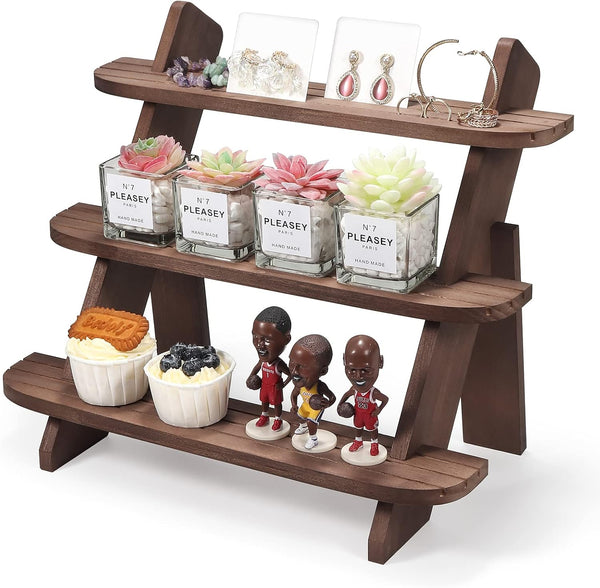 Wooden Display Riser, 3 Tier Organizer Showcase for Tabletop Shows, Farmhouse Cupcake Stands, Walnut Rustic Risers