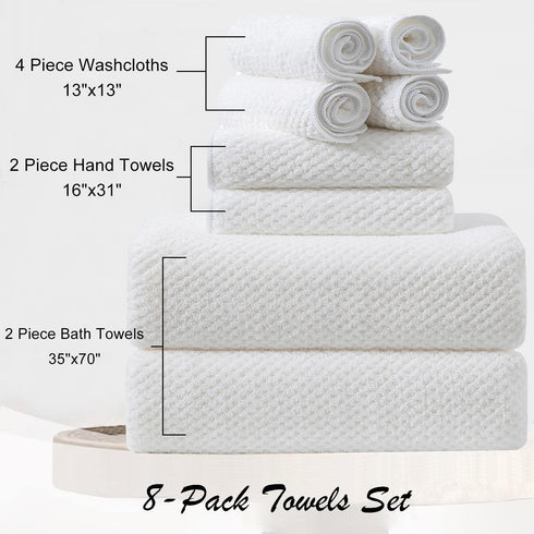 8 Set-2 Sheets,2 Towels,4 Washcloths-600GSM Piece Large White Family Bath Towel Oversized Bath Towel Hand Soft Highly