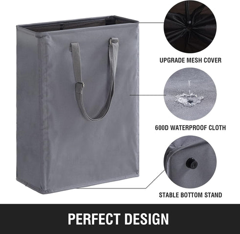 Slim Laundry Hamper with Adjustable Long Handles, 45L Small Mesh Top Laundry Basket for Bedroom, Closet, Bathroom - Grey
