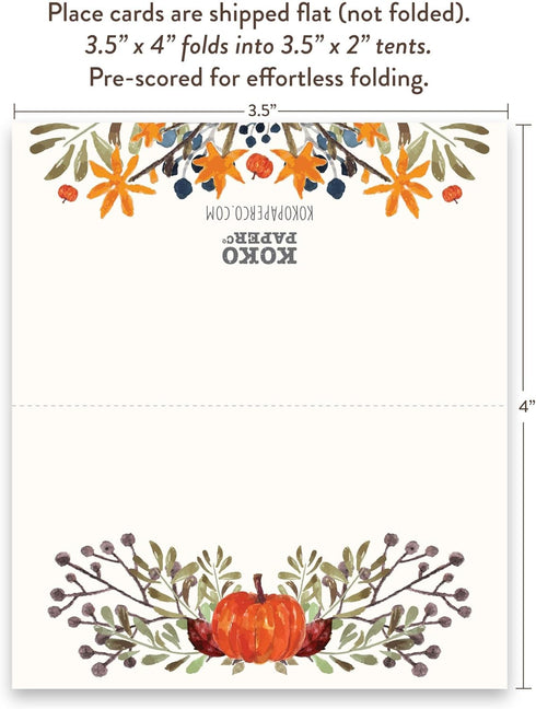 Koko Paper Co Thanksgiving Table Place Cards with Pumpkin and Fall Leaves, 50 Tent Style Dinner Setting Name Cards