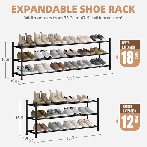 18 Closet, 3 STORAGE MANIAC Long Expandable Shoe Rack, Pairs Metal Wide Stackable Shoe Rack, Adjustable Shoes Shelf