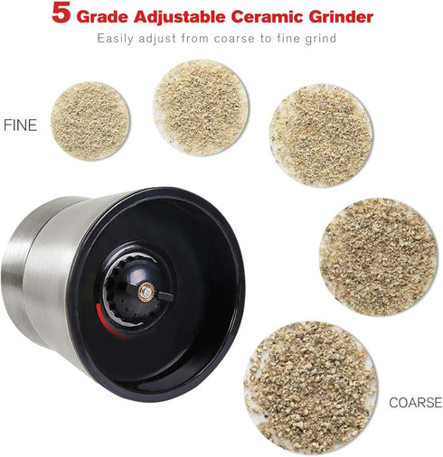 Stainless Steel Pepper Mill Shaker and Salt Grinders, Adjustable Salt and Pepper Mill Lid - Easy to Use, Stainless