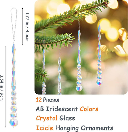 Lumiti 12pcs Crystal Icicle Christmas Tree Ornaments, Glass Beads Hanging Chandelier Pendants for Christmas Party