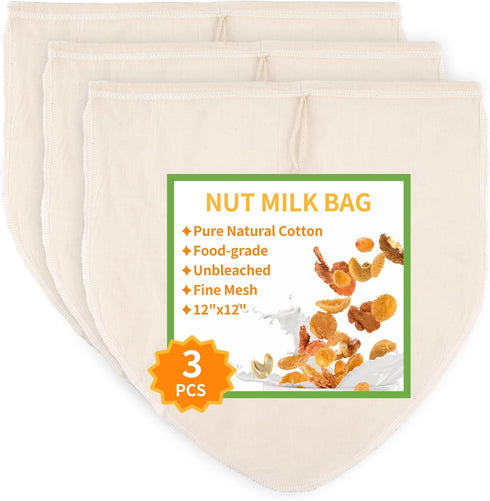 3 Pcs 12"x12" Nut Milk Bag, Natural Unbleached Cotton Cheese Cloth Bag