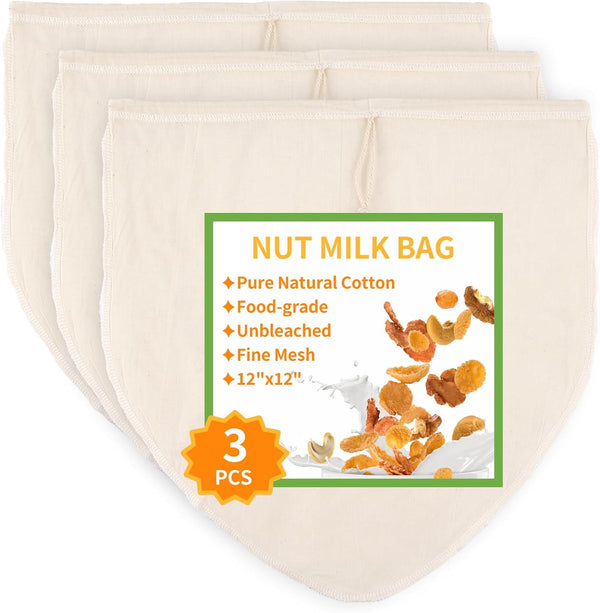3 Pcs 12"x12" Nut Milk Bag, Natural Unbleached Cotton Cheese Cloth Bag