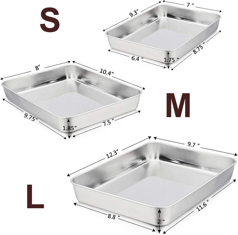 P&P CHEF Deep Baking Pan Set of 3 (12.3” & 10.4” & 9.3 Stainless Steel Baking Sheet Lasagna Rectangle Cake Pan for Oven Dishwasher Use, Non-Toxic & Heavy Duty & Easy Clean