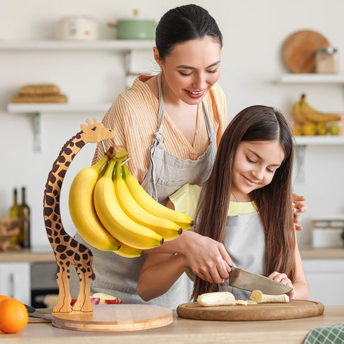 Countertop Giraffe Banana Holder Stand, Bamboo Banana Hanger with Stainless Steel Hook for or Under Cabinet Decorative