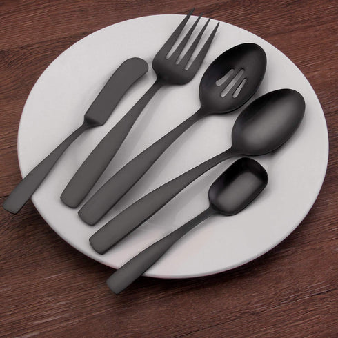 O.C.E. 5-Piece Matte Black Serving Flatware Set, Stainless Steel Utensil Set, Dishwasher Safe Hostess Tableware