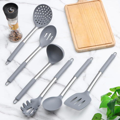 Silicone Kitchen Utensils Set, 6-Pieces Grey Cooking Utensils for Nonstick Cookware, Silicone Spatulas with Stainless