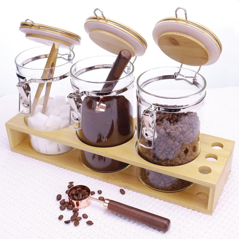 Matifaner Countertop Tea,40 Fluid-oz,Pack 3 Glass Coffee Storage Containers with Bamboo Shelf,Ground Coffee Holder