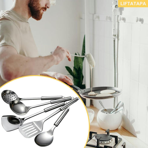 5Pcs Stainless Steel Cooking Utensils Set, Heat Resistant Wok Utensils Include Slotted Spoon, Spatula, Large Spoon