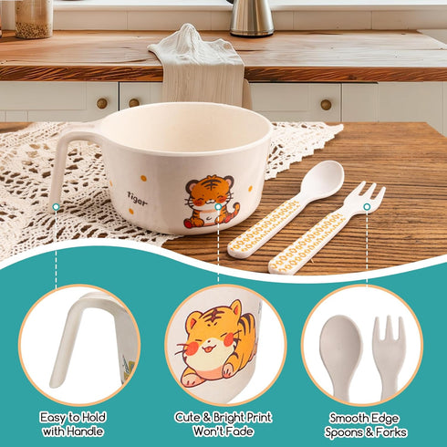 shopwithgreen Bamboo Kids Bowls Set, 4 Reusable Small Bowls for Baby Toddlers, Dinnerware Cereal Snack Soup Rice Bowl with 4 Spoons & Forks, Dishwasher Safe Bamboo Baby Food Bowls, BPA Free, 14.5 OZ by shopwithgreen
