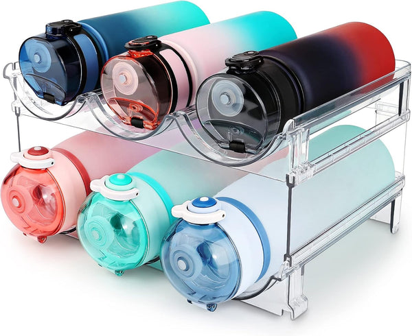 Water Bottle Organizer for Cabinet, 2 Packs Storage Rack, Stackable Water Bottle Holder for Cabinet Organization