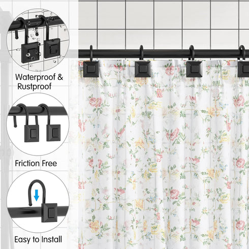 GILLAS Set of 12 Decorative Shower Curtain Hooks - Rust Resistant Square Rings for Bathroom, Black
