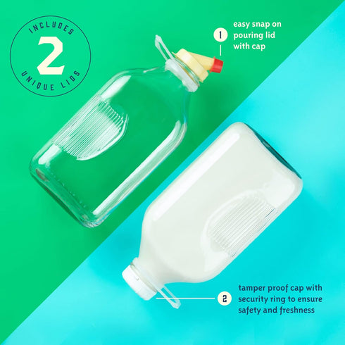 64 oz 2 Pack kitchentoolz Glass Milk Bottles with Pour Spouts and Tamper-Proof Caps Half Gallon Containers Made in USA