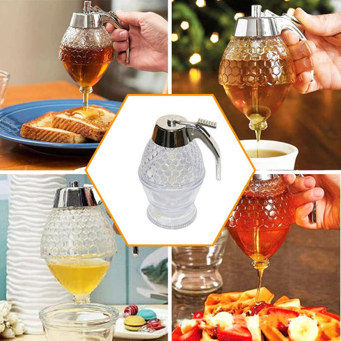 Honey Dispenser, Syrup Dispenser, Beautiful Honeycomb Honey Jar with Stand
