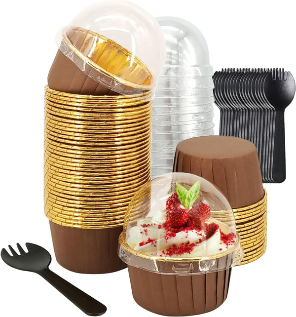 5.5 Oz Foil Cupcake Cups, 50 Pack LNYZQUS Cupcake Liners with Dome Lids, Disposable Ramekins, Brown in Gold