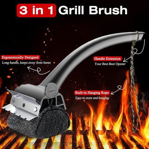 Grill Brush for Outdoor BBQ - Replaceable Bristle Free Heading and Reinforced Scraper - Safe BBQ Brushes