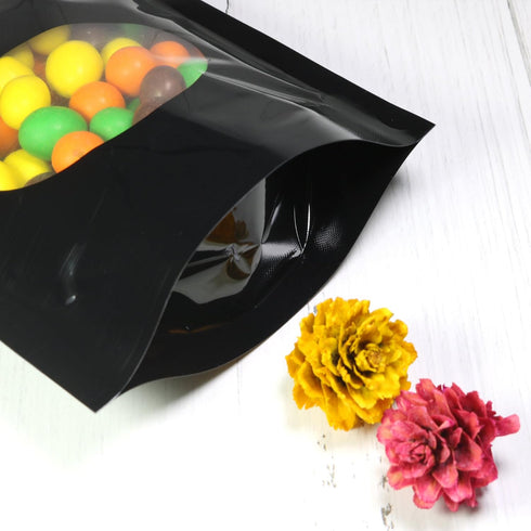 Double-Sided Matte/Glossy Stand-Up Pouch with Clear Round Window, 100 Bags/Pack (3.3" x 5.5", Glossy Black)