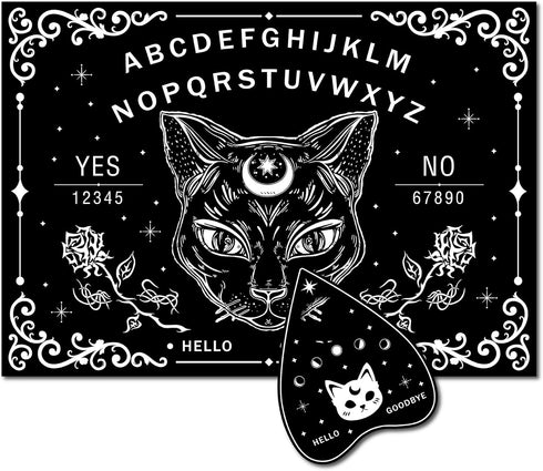 CREATCABIN Black Cat Wood Spirit Board, Talking Boards with Planchette, Wooden Dowsing Divination Kit for Wicca