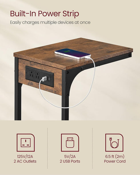 2 ULET362K01 VASAGLE C-Shaped Side Table, End Table with Charging Station, C Table for Couch, Sofa, Adjustable Feet