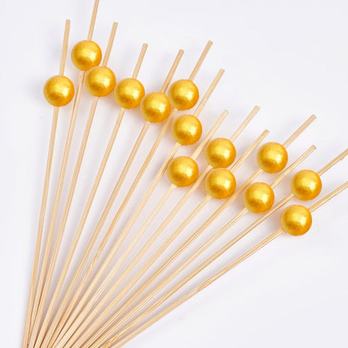 PuTwo Handmade Bamboo Cocktail Picks - Appetizer Toothpicks, 100 Counts, 4.7” with Yellow Pearls