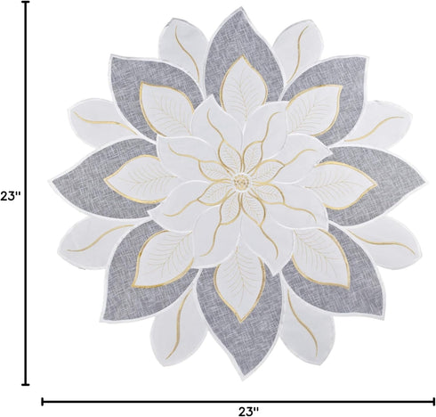 Embroidered Holiday Christmas White and Gold Star Poinsettia Doily Place Mat Small Table Topper (23 Inch Round)
