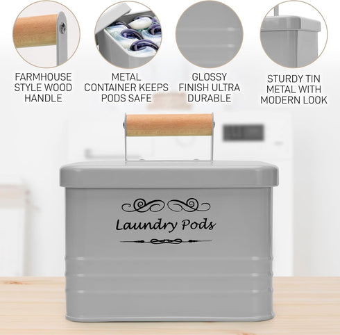 ELITAPRO Laundry Pods Holder, Khaki - Modern Farmhouse Container with Lid for Laundry Room Organization