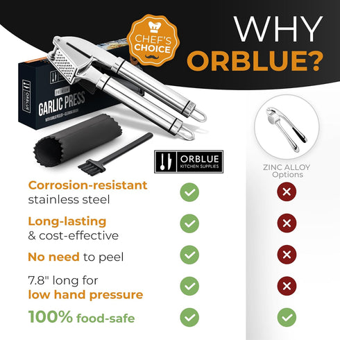 Set ORBLUE Garlic Press Stainless Steel - Premium Professional Grade Garlic Mincer, Crusher & Peeler - Easy Clean