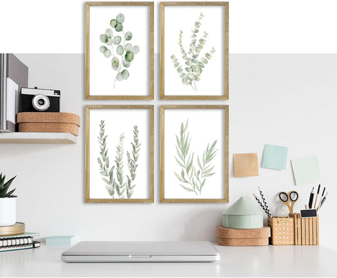LuZhiQiang 16x11 Inch Set 4 Botanical Wall Decor Sign of Sage Green Plants Wood Framed For Bathroom Modren Bedroom
