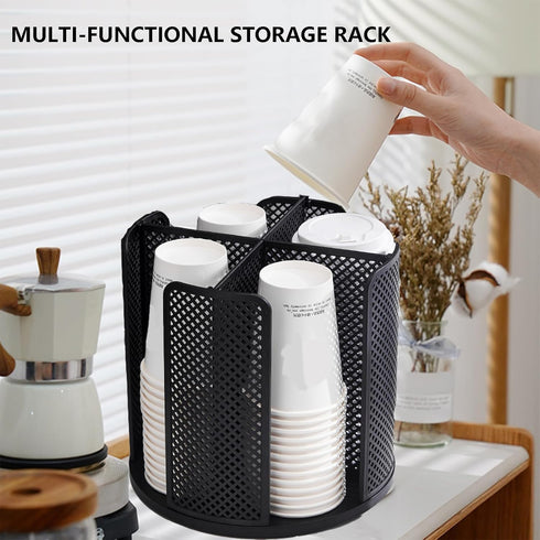 Rotatable Cup and Lid Organizer Box, 4 Compartments for Paper Cup Storage, Black