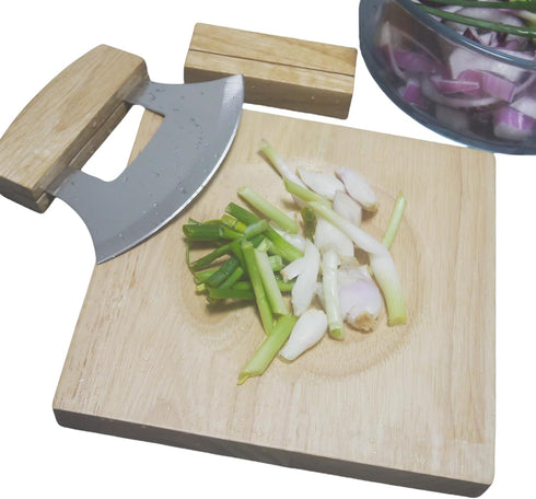 TLIOCAS Set,Mezzaluna 7inch Alaska Ulu Knife Mezzaluna Cutter n Chopping Bowl Mincing Chopper with Base n Recessed
