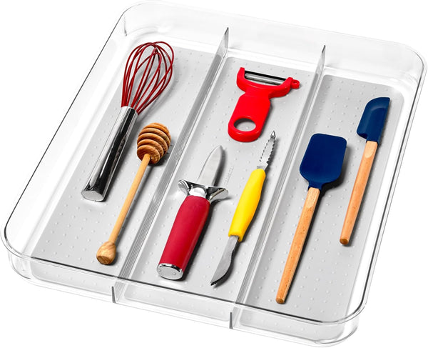madesmart Large Utensil Tray - Light Grey, 3-compartment, Soft Grip Collection, Non-slip Feet, BPA-free