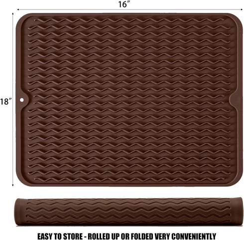 Silicone Dish Drying Mat, Non-Slip Easy Clean Sink Mat Large Heat-resistant Dish Drainer Mat for Kitchen Counter, Sink, Refrigerator or Drawer liner (18" x 16", COFFEE)