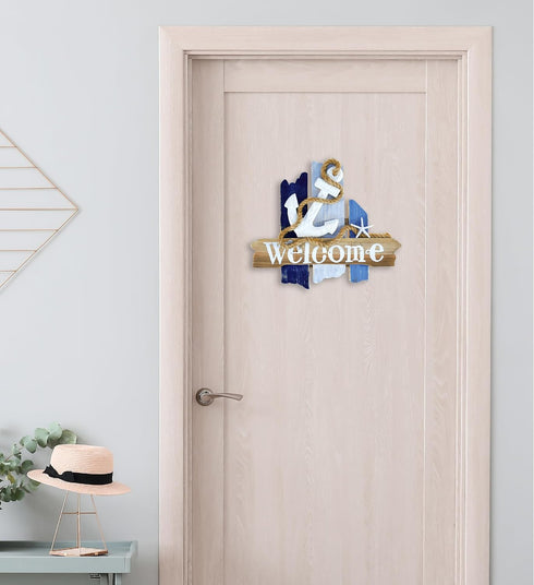 CoTa Global Atlantic Anchor Welcome Nautical Decor Sign - Beach Decor for Wall, White and Blue Starfish