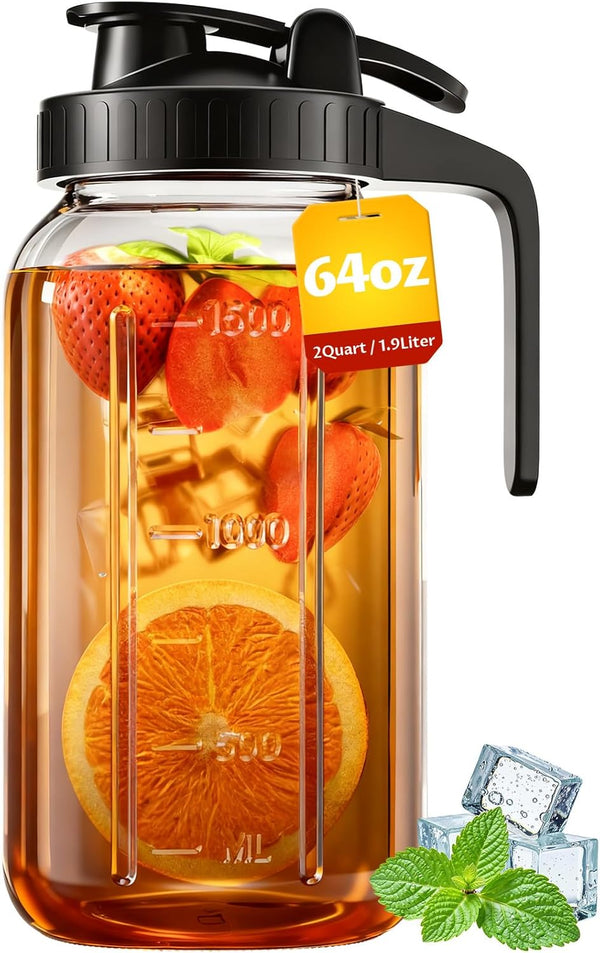 64 oz Mason Jar Pitcher Airtight & Leakproof Glass Pitcher with Lid,