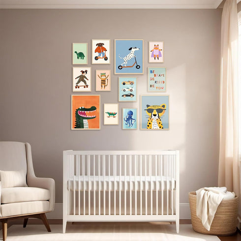 Aroutde 12Pcs Baby Nursery Room Decor, Cartoon Animal Playroom Canvas Wall Art Kids Transport Inspirational Quotes