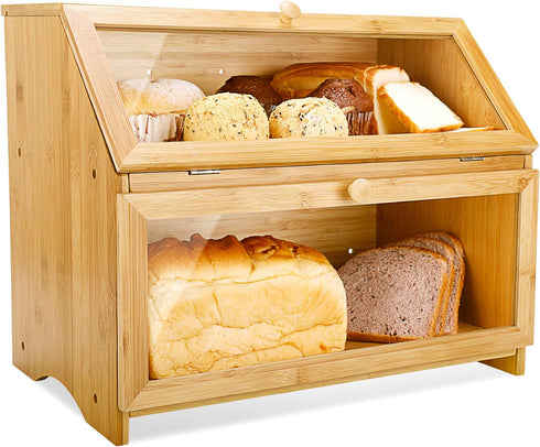 HOMEKOKO Double Layer Large Bread Box for Kitchen Counter, Wooden Large Capacity